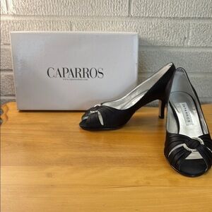 Caparros Ethel Black Satin Peep-Toe Heels Women's 8.5 Pumps Rhinestones EUC BOX